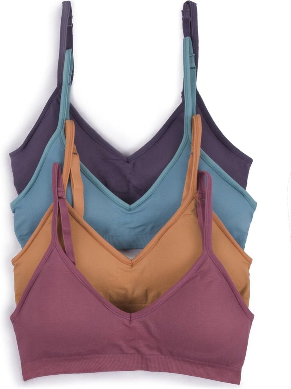 Cozy Caramel V-Neck Padded Bralette Set - Adjustable Straps, 4 Pack, Comfort Fit